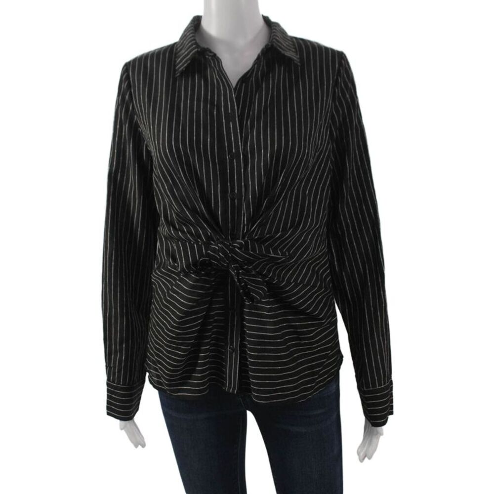 Farrow Women Button-Up Collared Striped Rayon Long Sleeve Black Size S